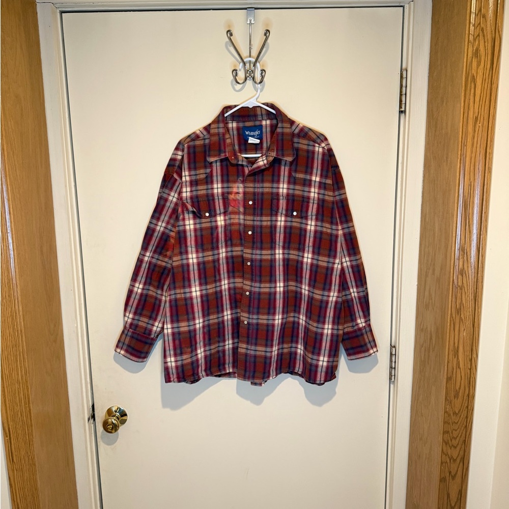 Vintage Wrangler Western Wear Plaid Bleach Dyed Pearl Snap Button Down Shirt 2X